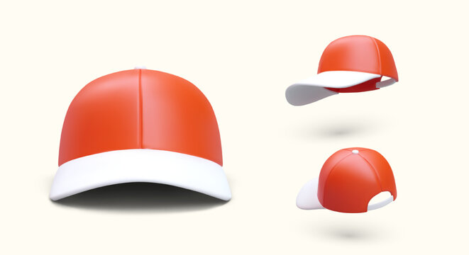 3D red baseball cap in different positions. Sports headgear for people of all ages. Vector illustration with shadow. Collection of icons for web design