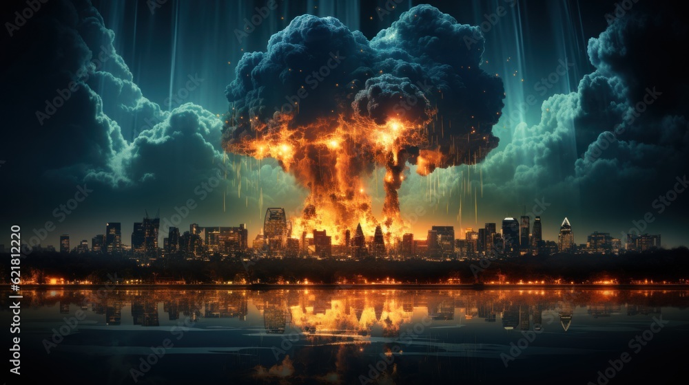 Poster a city with a huge explosion in the sky. generative ai image.