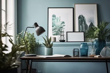 Desk at home office with blue accessories, frame, and wall decor. Close up of a stylish interior table with stationery and a plant in green. Generative AI
