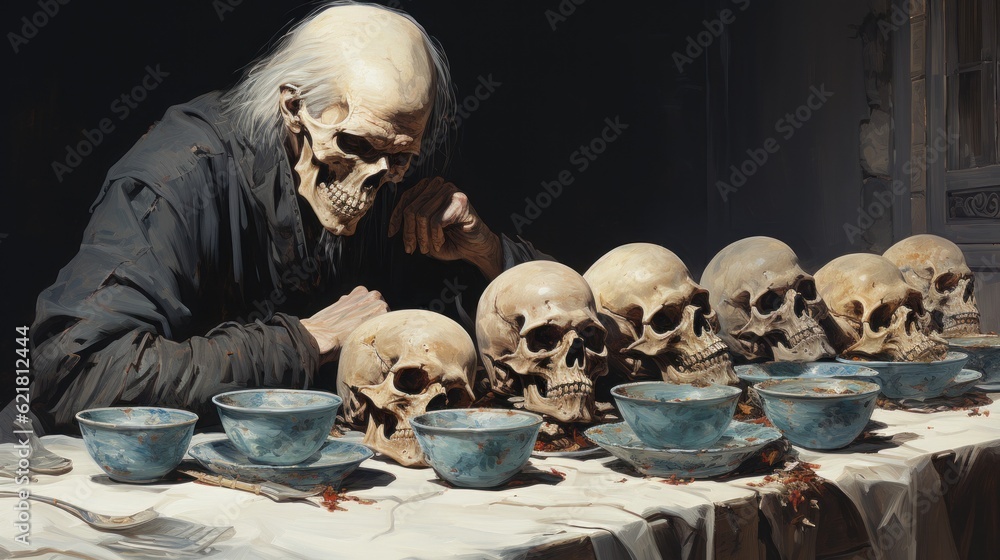 Poster a man sitting at a table with a bunch of skulls. generative ai image.