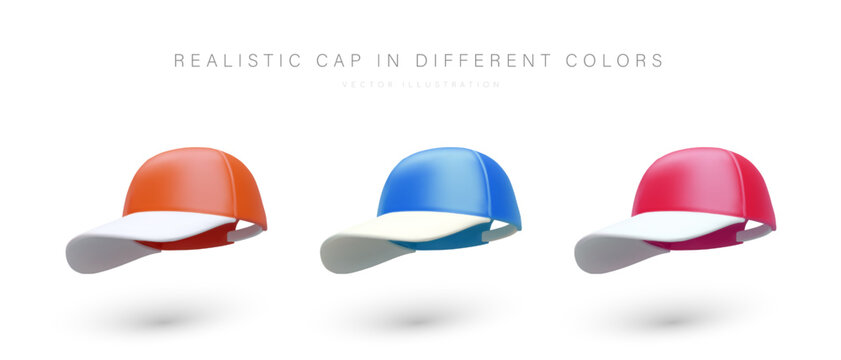 Set of realistic baseball caps in different colors. Orange, blue and pink headdress. Sporty modern caps with white visor. Isolated vector image for clothing and accessories stores