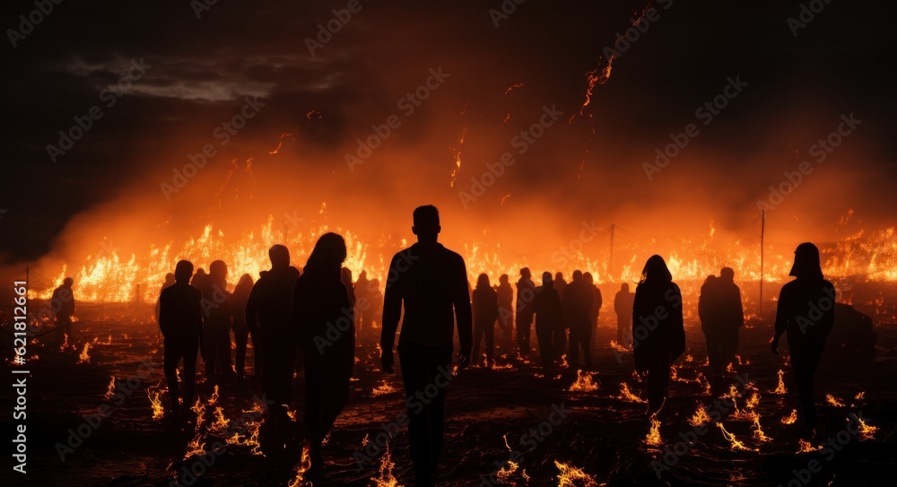 Aufkleber a group of people standing in front of a fire. generative ai image.