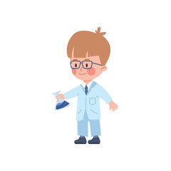 Cute smiling child boy in scientist costume and glasses holding flask flat style