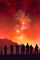 Silhouette of group of people watching fireworks in the night sky. Generative AI.