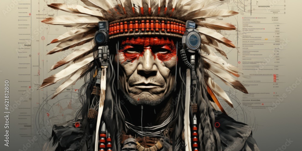 Wall mural A drawing of a native american man wearing a feather headdress. Generative AI image.