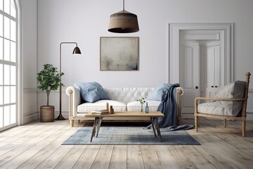 Design for a farmhouse living room with an empty white wall. Generative AI