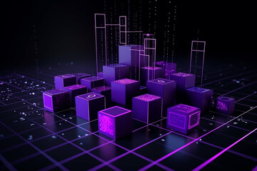 Abstract 3D Cubes Geometric Background. Purple boxes with neon lights on isometric perspective. 