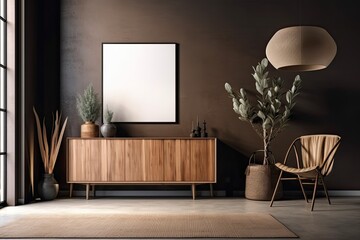 Dark living room with a brown wall, a white empty poster, a sideboard, a houseplant, and a concrete floor. minimalist design principle. a mockup. Generative AI