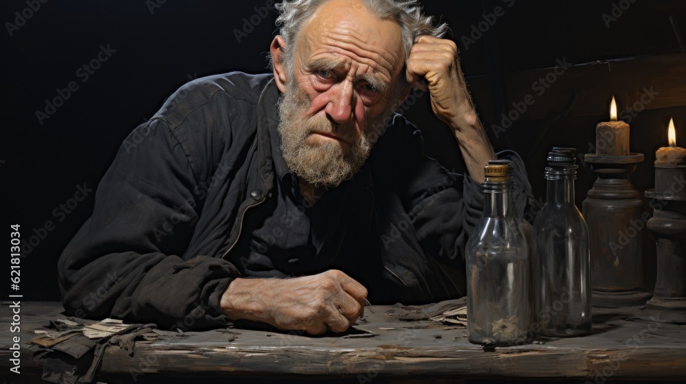 Poster a man sitting at a table with a bottle and candle. generative ai image.