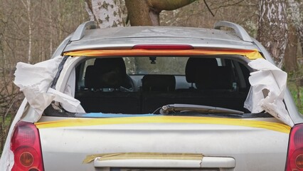 Car with Shattered Rear Window Broken by Thief Trying to Steal Bag from Trunk