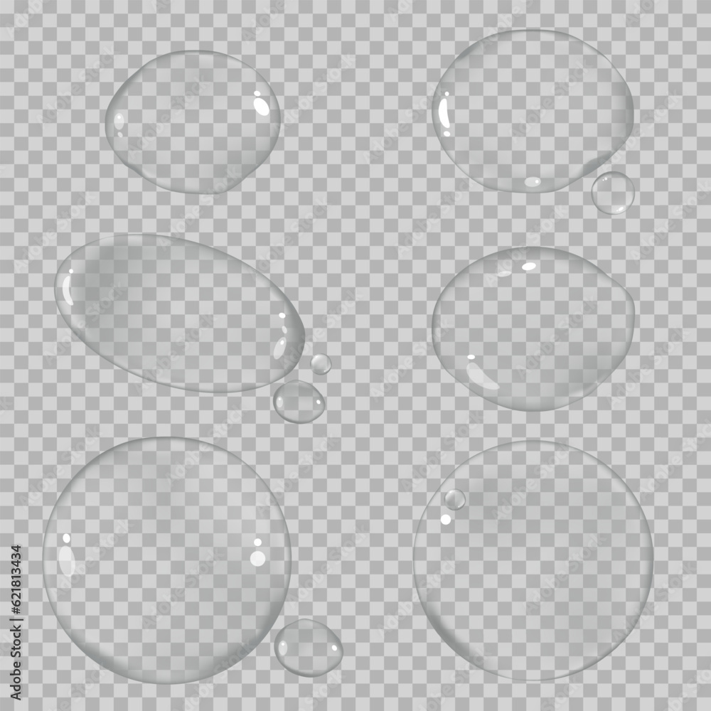 Poster pure clear water drop on transparent in grey color. vector 3d transparency set of shiny rain drop,el