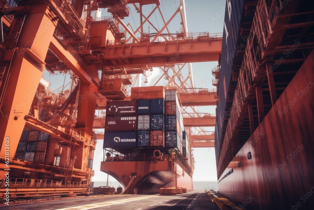 Poster view from the ground to a huge port crane. loading containers from cargo berth onboard a container s