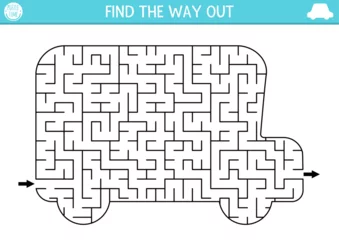 Foto auf Acrylglas Cartoon-Autos Transportation geometrical maze for kids. Preschool printable activity shaped as school bus. Simple city public transport labyrinth game or puzzle for children.