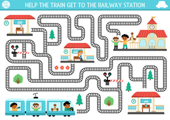 Transportation maze for kids with railroad, driver, passengers. Urban transport preschool printable activity. Labyrinth game or puzzle with rails, stops, barrier. Help the train get to railway station