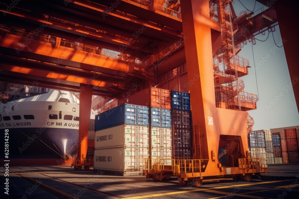 Poster view from the ground to a huge port crane. loading containers from cargo berth onboard a container s