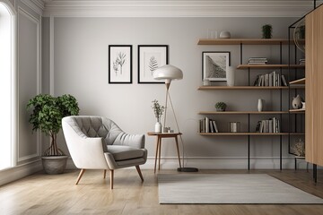 Concept for a gray living room with a chair, table, bookshelf, and frame design. Generative AI