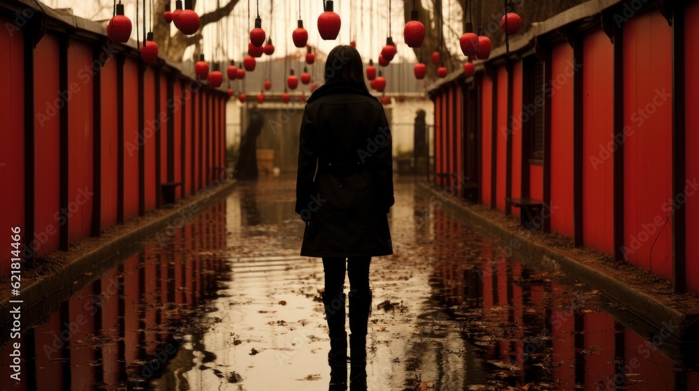 Poster a person walking down a long hallway with red lanterns hanging from the ceiling. generative ai image