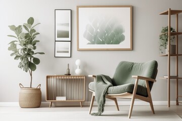 Design for a stylish living room that includes a mock up poster frame, a wooden armchair, a shelf, a side table, plants, and original home decor. a wall of eucalyptus. housing staging Template. Copy s