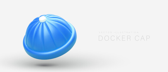 3D blue docker hat. Cool cap without visor for real fashionistas. Advertisement of classic men hats. Cute vector template on gray background. Commercial concept with text
