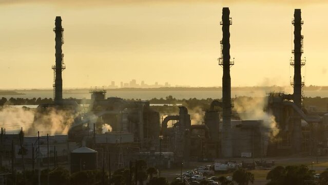 Mosaic Riverview Plant in Tampa, Florida. Factory for handling and processing of phosphates. Industrial facility for chemical production of phosphoric acid