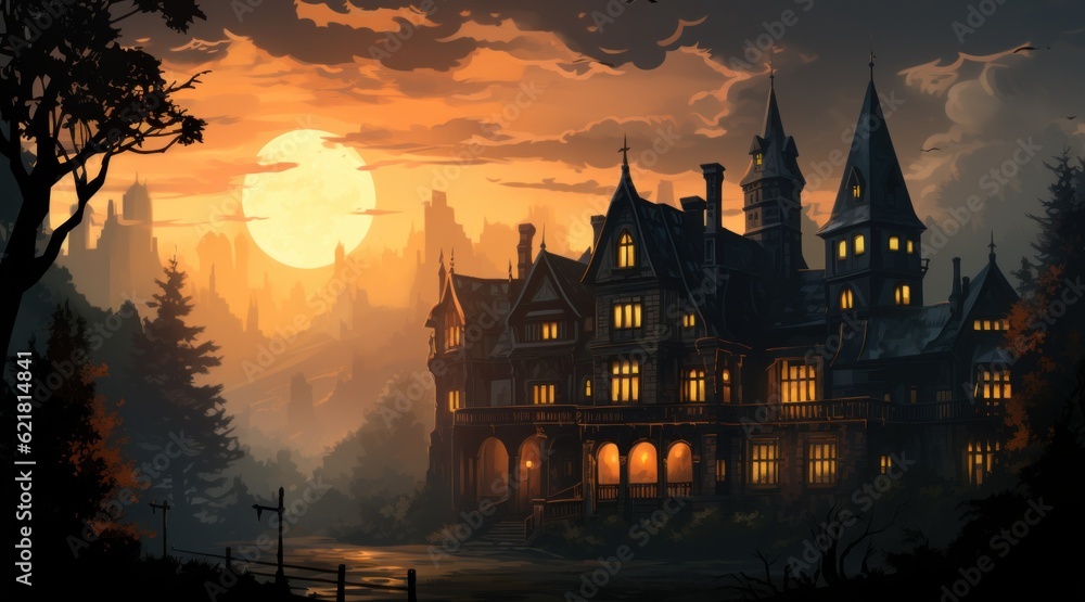 Poster a painting of a castle with a full moon in the background. generative ai image.