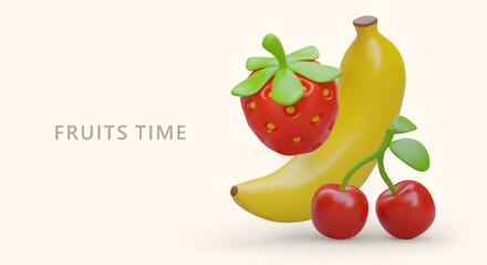 Fruit and berry season. Time to taste sweet natural snacks. Color 3D illustration on advertising banner. Summer concept for farmers, stores, sweets producers