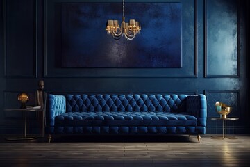 Elegant living area with a stunning color scheme of blue, dark purple, and blueberry. Vacant background and a couch for lounging. mockup of a salon or gallery. Generative AI