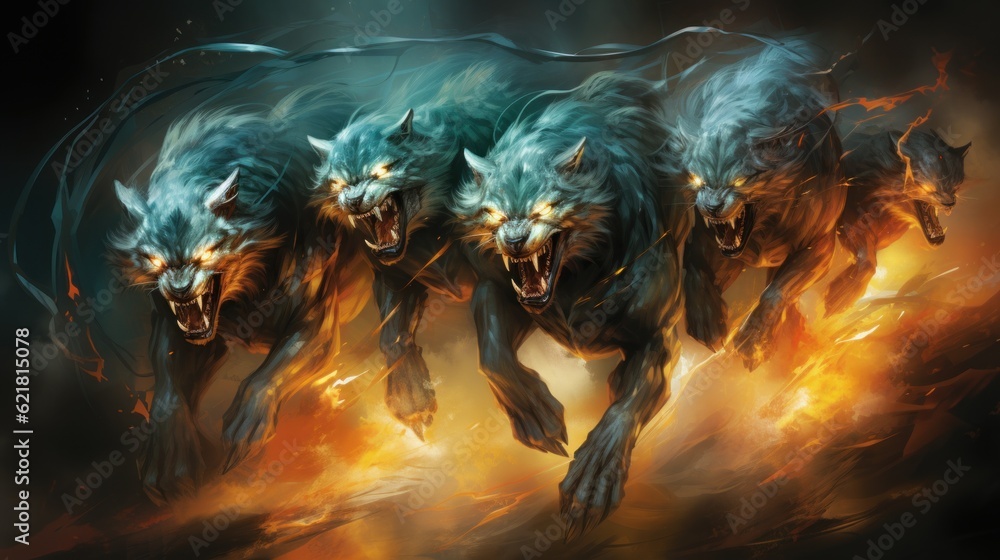Poster a painting of three wolfs running through a fire. generative ai image.