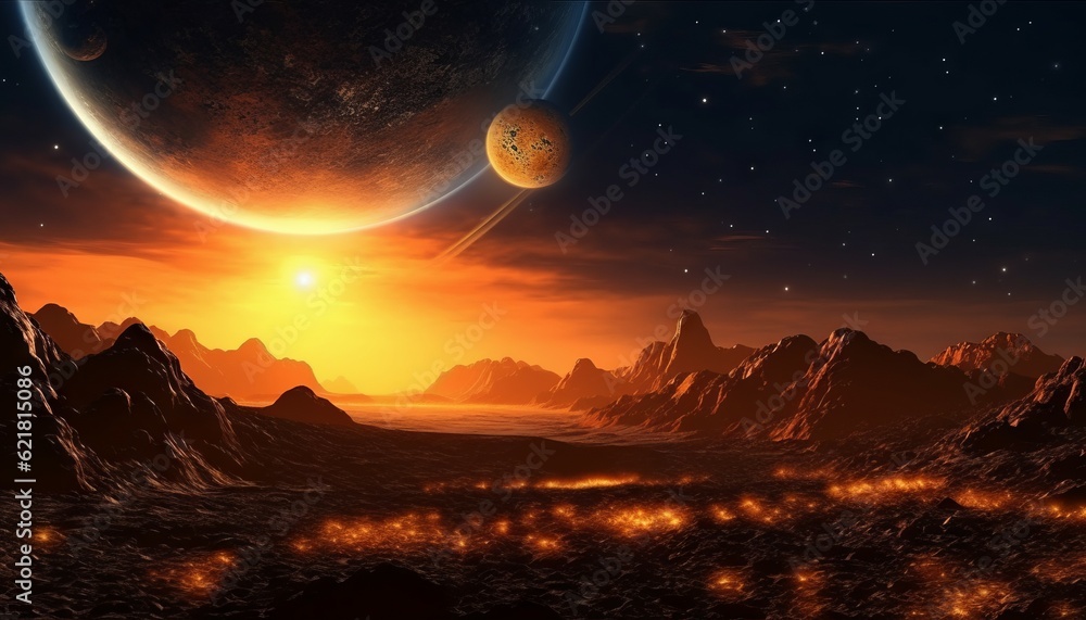 Poster fantasy alien planet in space with planets and stars. magical planet with a red-hot surface with a l