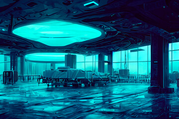 Fototapeta na wymiar cyberpunk building. architecture of the future. post apocalypse. cyberpunk style interior