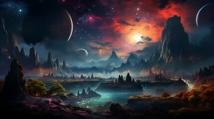 Obraz na płótnie Canvas Fantasy cosmic landscape with mountains, lake, hilly terrain on the background of stars and moon the sky. AI illustration. Fantasy saturated colors landscape with river, forest and mountain at night.