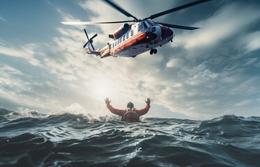 Fototapeta na wymiar Rescue helicopter rescues a shipwrecked man in a stormy sea, ai generative