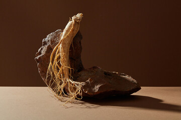 Two blocks of stone are arranged against the brown background with a ginseng roots. Ginseng (Panax...