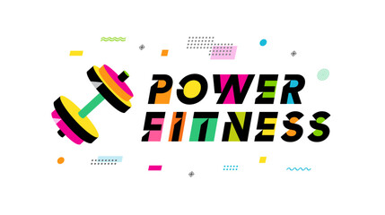 Power fitness logo. Vector emblem with colored dumbbell and letterig for fit gym sport design or bodybuilder symbol