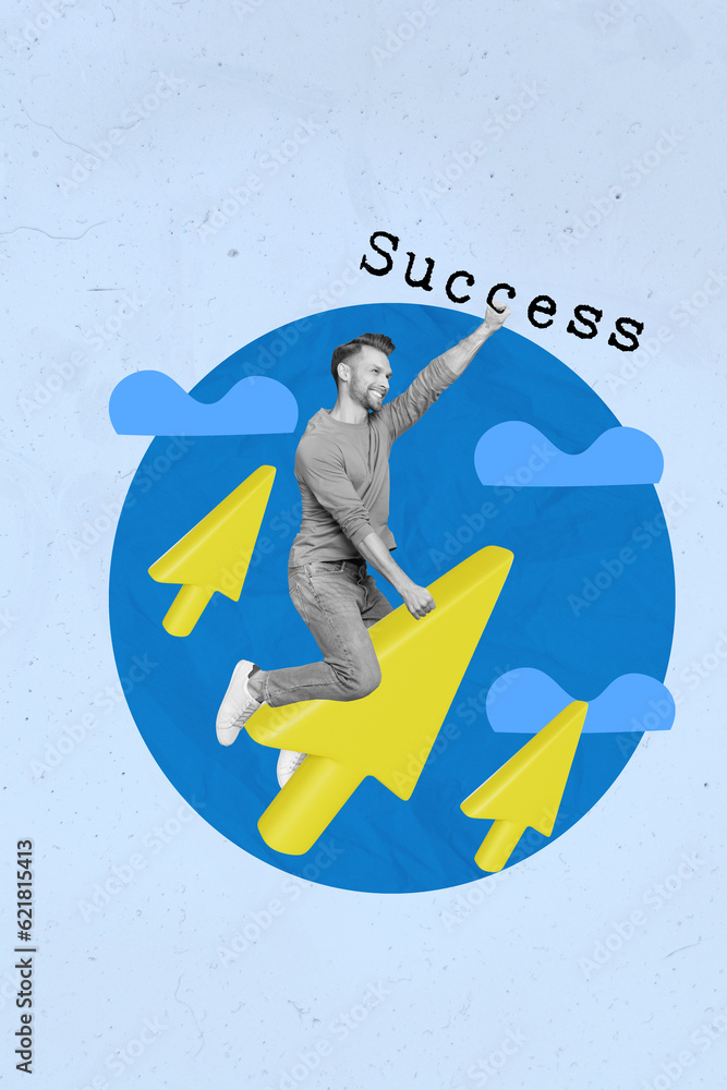 Poster poster image collage of positive persistent guy fly forward aim success increase professional skill 