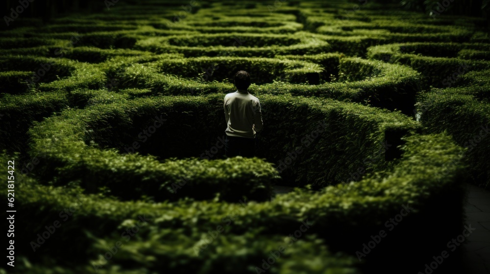 Poster a person standing in the middle of a maze. generative ai image.