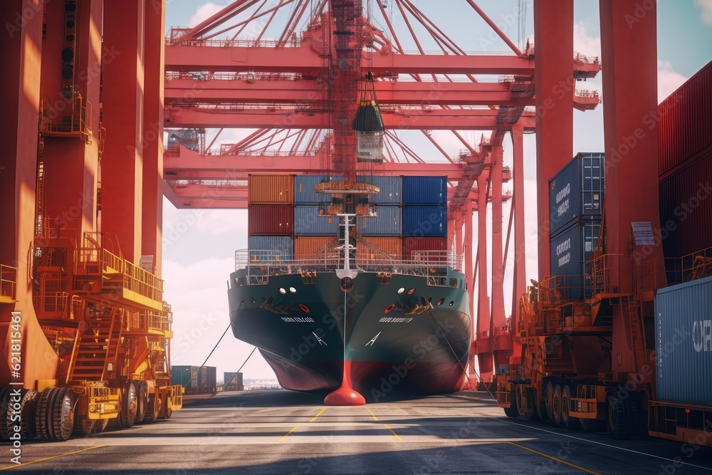 Poster loading a container ship at cargo berth of the seaport using port cranes. containers are stacked and