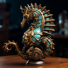 steampunk electro carbonic seahorse on a table
