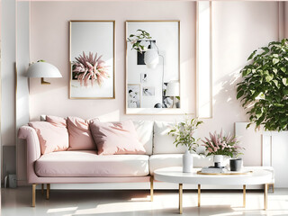 Modern Living Room Interior with Stylish Sofa in Lovely Pink Color and Wall-Mounted Portrait Frame & Light Pink Wall, 8k