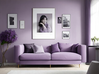 Modern Living Room Interior with Stylish Sofa in Lovely light purple-gray Color and Wall-Mounted Portrait Frame & Light purple Wall, 8k