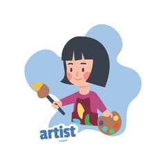 Child girl artist or painter flat vector illustration isolated on white.