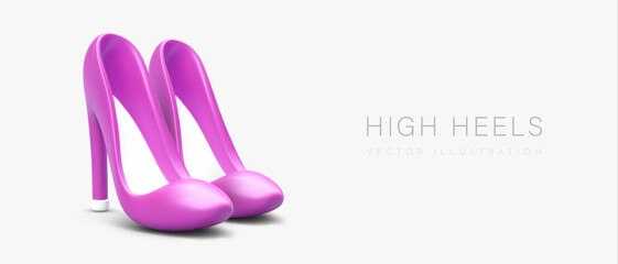 Pair of pink high heels. Female realistic shoes. Vector image with shadow. Modern shoe fashion. Poster on gray background with space for text. Store advertisement