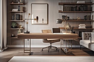 Elegant arrangement of a home office desk with books, supplies, a camera, wood paneling with a shelf, and classy personal accessories in contemporary home furnishings. Generative AI