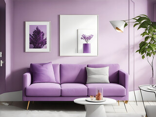 Modern Living Room Interior with Stylish Sofa in Lovely light purple Color and Wall-Mounted Portrait Frame & Light purple Wall, 8k