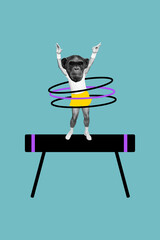 Vertical illustration composite collage of funky sportsman headless surreal monkey face primate hula hoop isolated on blue color background © deagreez