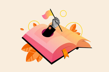 Collage metaphor picture illustration hand hold flag inside book literature finish finally done reading isolated on beige color background