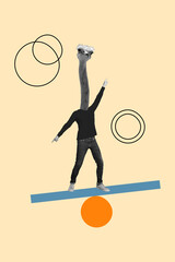 Vertical pinup pop retro collage banner of excited person standing swing boat balance catch rhythm...