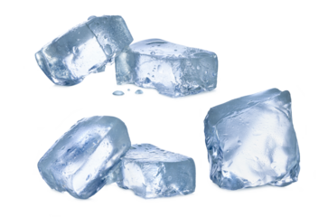 melting ice cubes with water drops isolated on white background.