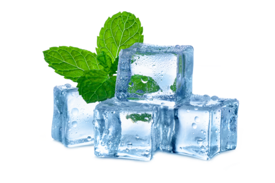 crystal ice cubes with mint leaf isolated on white background.