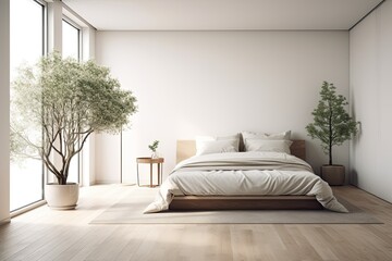 Fototapeta premium Double bed, white armchair in the corner, potted tree, and hardwood floor can all be seen in the white bedroom's décor. Corner. a mockup. Generative AI